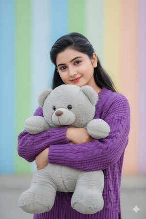 Arms Hugging Stuffed Animal Closer Slight Smile
