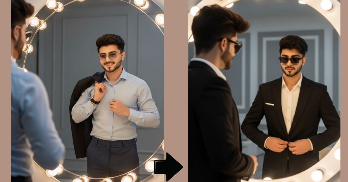 Black Suit Mirror Reflection Look