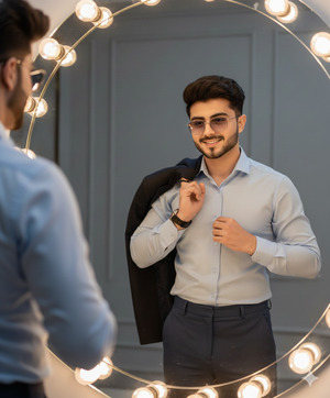 Black Suit Mirror Reflection Look