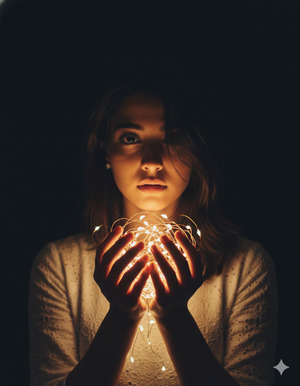 Both Hands Holding Lights Below Chin Dreamy Emotional