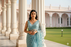 Both Hands Holding Saree Pleats Elegant Front Pose