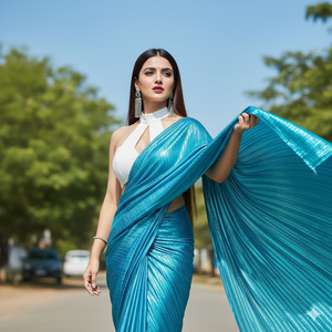 Both Hands Lifting Flowing Pallu High Fashion Motion Pose