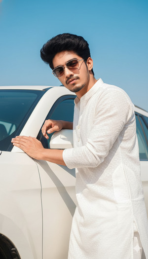 Both Hands on SUV Roof Slight Lean