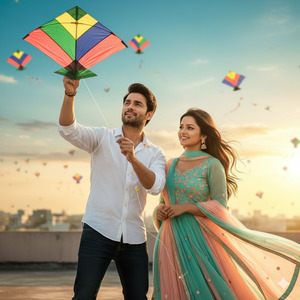 Boy Flying Kite Girl Watching with Smile Candid Romance