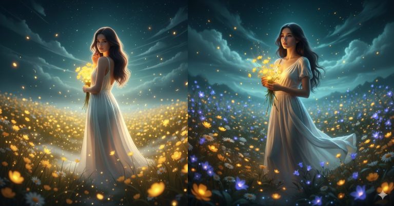 Dreamy Glowing Wildflower Night Field Portrait