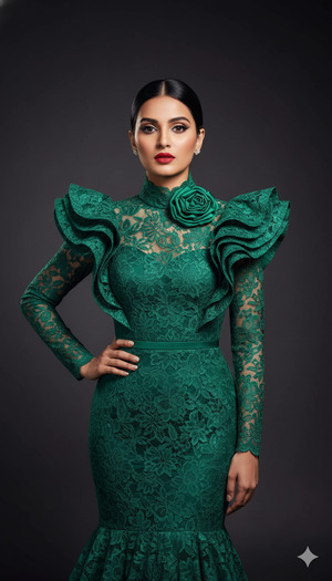 Emerald Green Dress Hand on Waist Confident Royal
