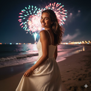 Facing slightly sideways holding dress fabric