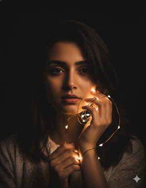 Fairy Lights Wrapped Around Hand Cheek Intimate Close Feel
