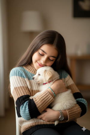 Girl Hugging Puppy Close to Chest