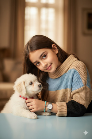 Girl Leaning Forward and Petting Puppy