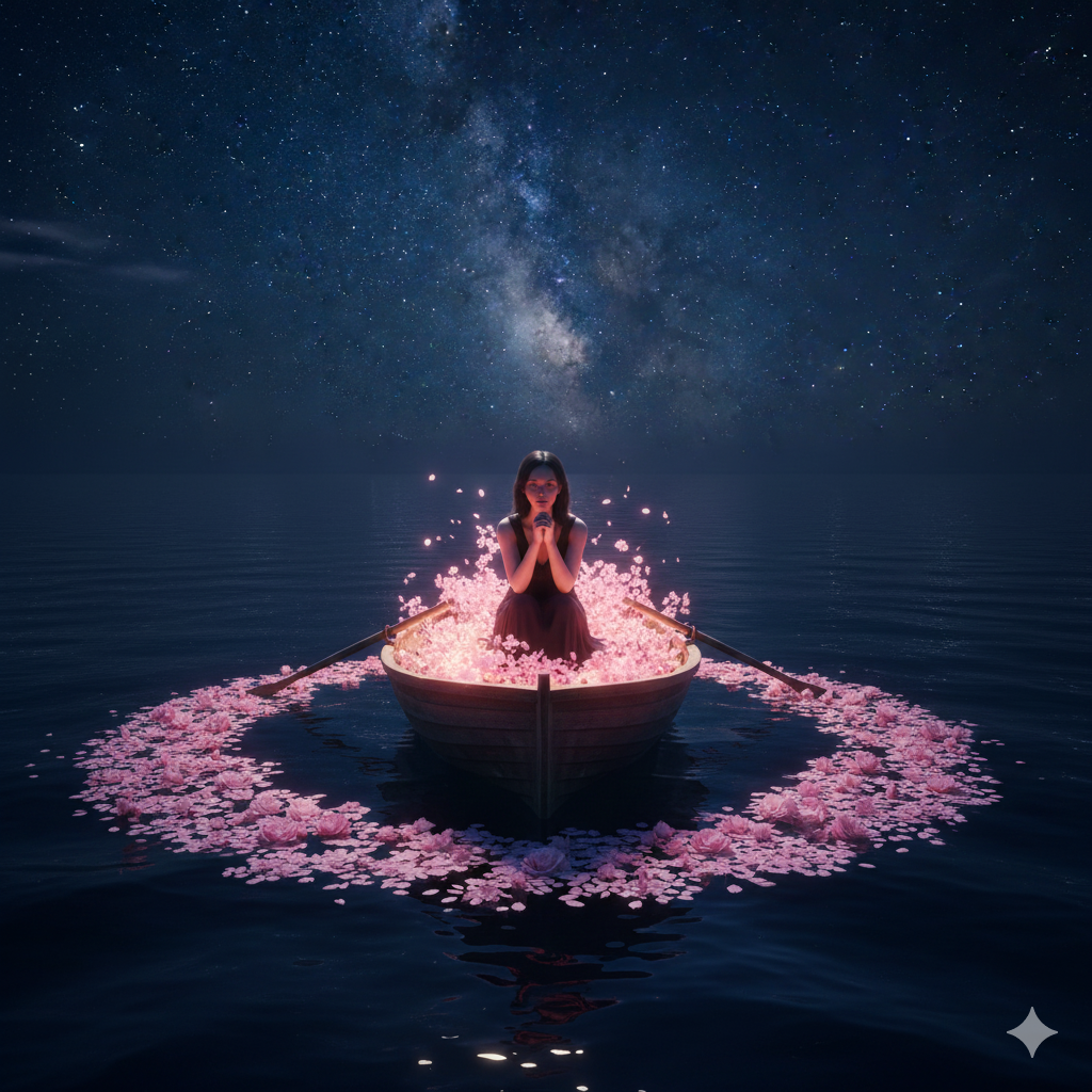 Glowing Flower Boat at Night