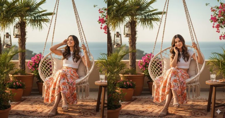 Golden Hour Macramé Swing Terrace Portrait