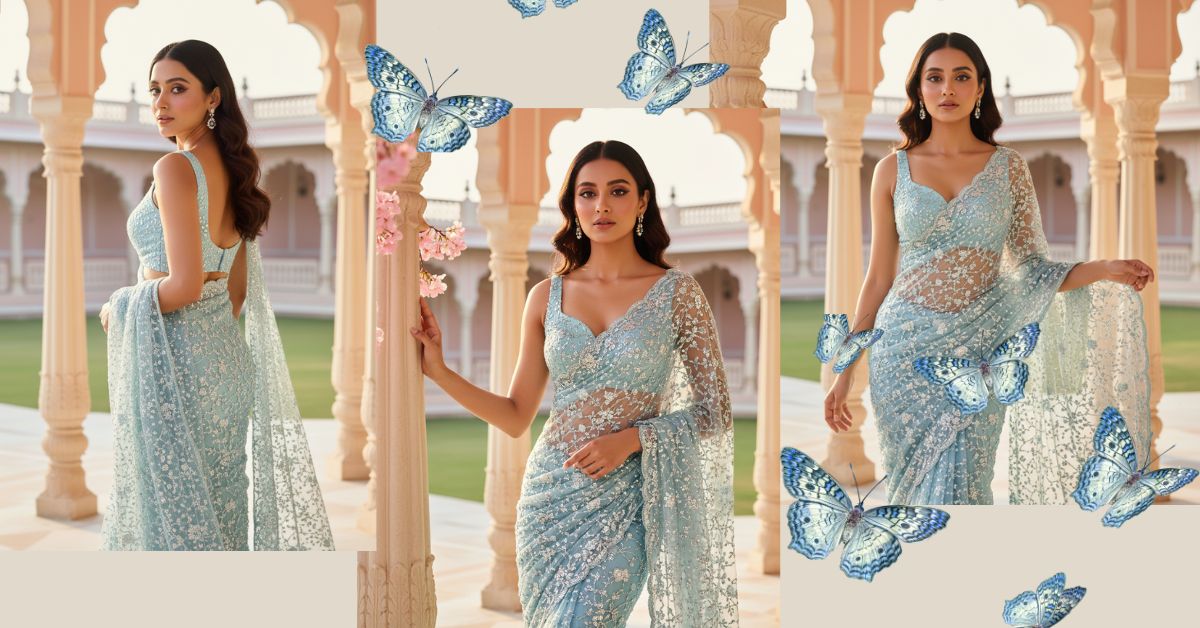Ice-Blue Saree Look for Royal Fashion Portrait