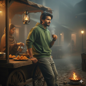 Leaning Forward on the Cart One Hand on Tea Cup