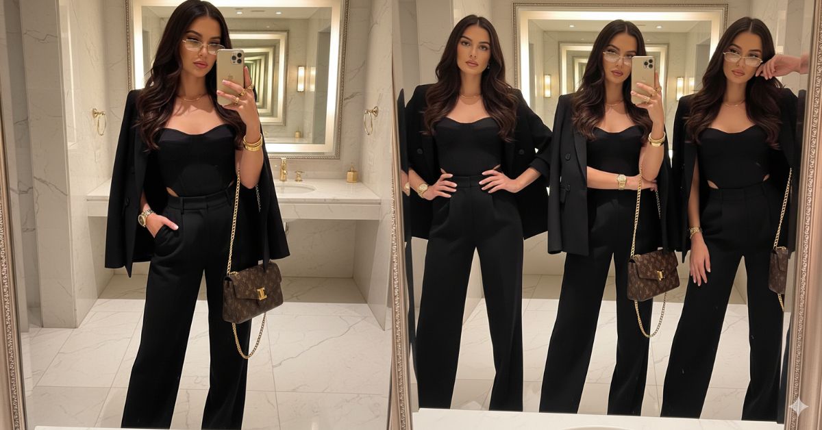 Luxury Bathroom Mirror Selfie Black Outfit & Gold Accessories