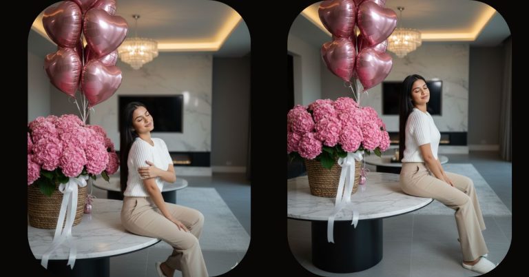 Luxury Living Room Close-Up Portrait (Hydrangea + Heart Balloons)