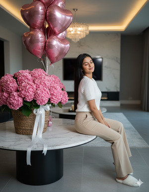 Luxury Living Room Close Up Portrait Hydrangea Heart Balloons