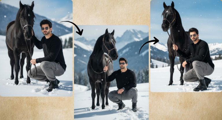 Man with Black Horse in Snow