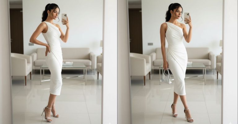 Mirror Selfie in White Midi Dress