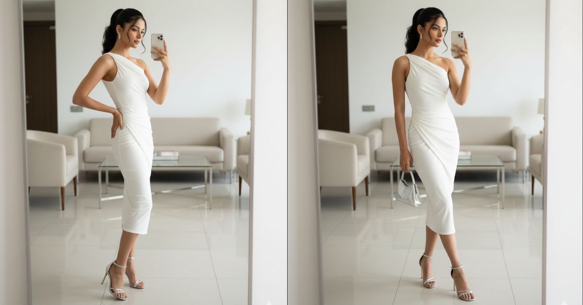 Mirror Selfie in White Midi Dress