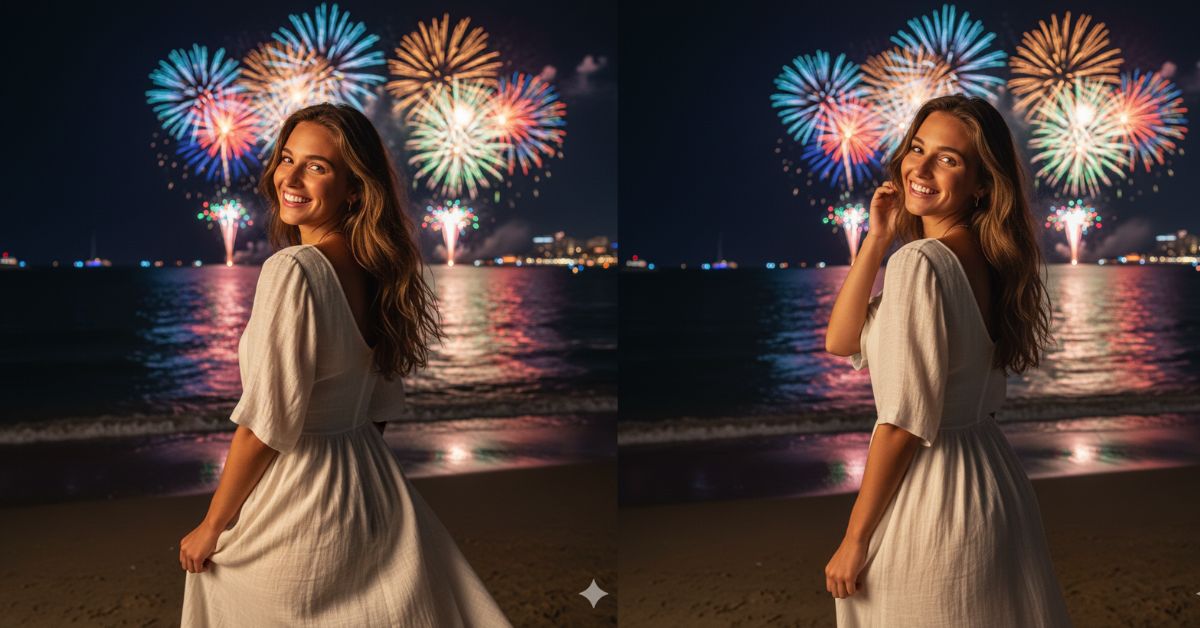 Night Beach Fireworks Portrait
