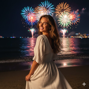 Night Beach Fireworks Portrait
