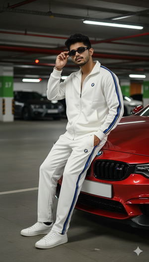 One Arm on Hood Other Adjusting Sunglasses