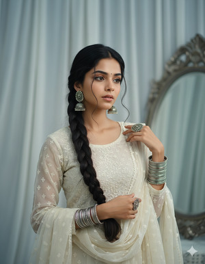 One Hand Holding Braid Looking into Mirror