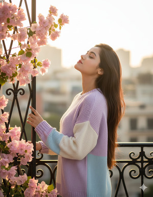 One Hand on Railing Hair Flowing Naturally