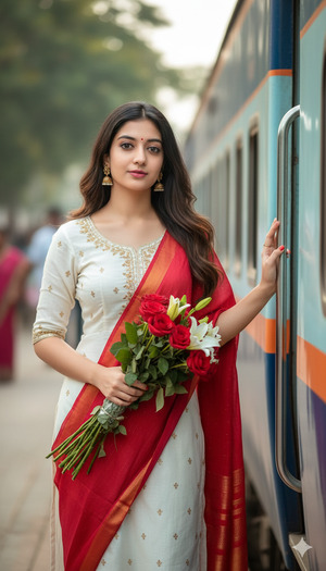 One Hand on Train Door Bouquet in Other Hand