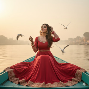 One hand in hair other reaching to birds