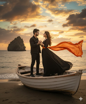 Romantic Sunset Couple on a Rowboat