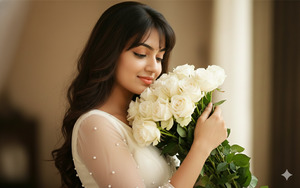 Roses Near Face Eyes Softly Lowered