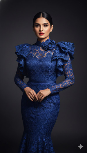 Sapphire Blue Dress Hands Clasped in Front Elegant Graceful