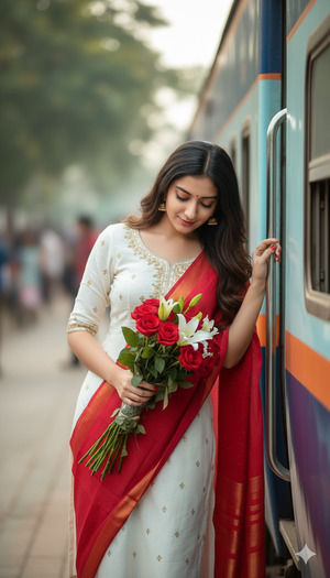Slightly Leaning Forward Looking at Bouquet