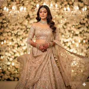 Trending Champagne Peach Bridal Lehenga Look 1