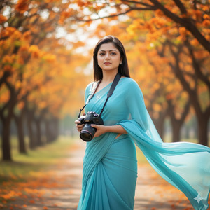 Trending Girl in Sky Blue Saree with DSLR Camera