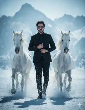 Trending Man with Horses in Snow
