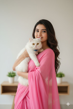 Trending Pink Saree Portrait with Cat 1