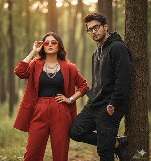 Trendy Couple Portrait in Oversized Outfits