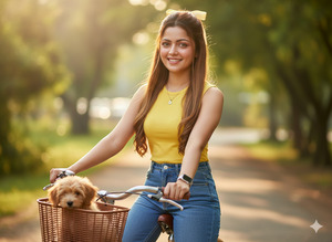 Trendy Young Woman Sitting on a Bicycle 1