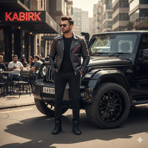 Ultra realistic cinematic photo of a confident man standing in front of a luxury black Mahindra Thar SUV with massive custom alloy wheels and rugged off road tires. The car has a glossy black body wit 1
