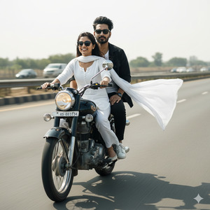 Woman Slightly Leaning Forward Man Holding Seat Firmly