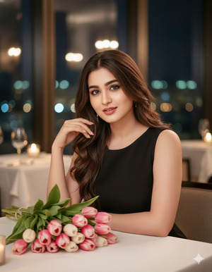 Bouquet on Table Looking at Camera Elegant Confident