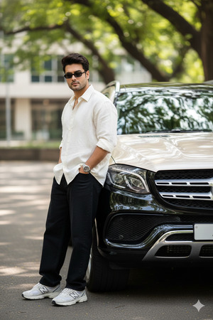 Hands in Pockets Leaning Slightly Forward