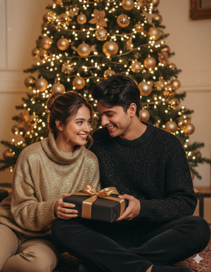 Man Offering Gift Woman Receiving Romantic