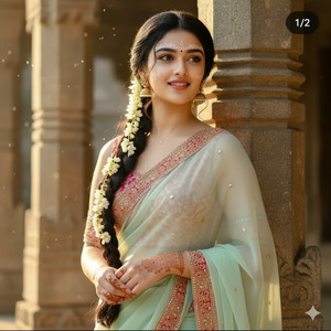 Pose Variant 1 – Standing Gracefully Beside Temple Pillar Classic Devotional Pose