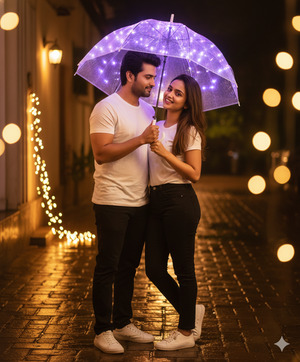 Young Couple Romantic Pose with LED Umbrella